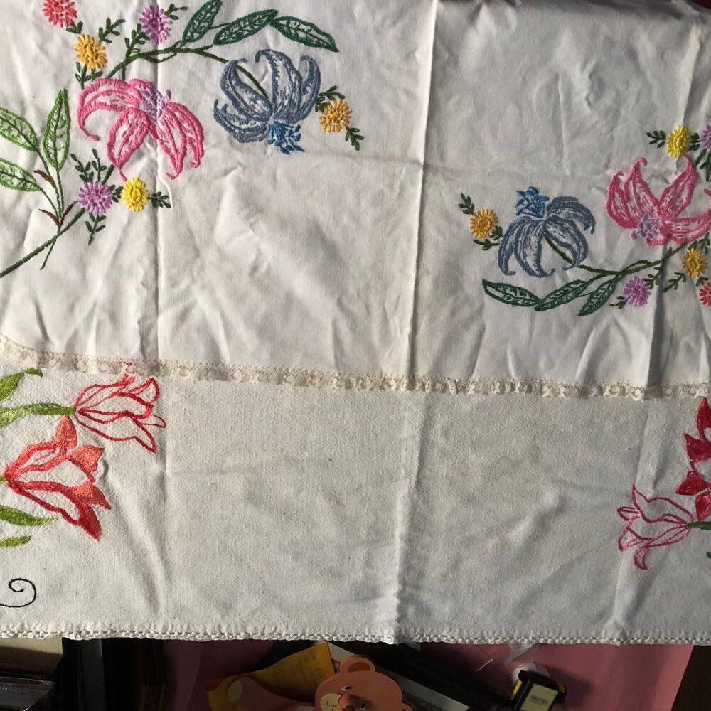 Two small hand embroidered flowers tulips table runners table decor